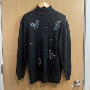 VTG Robinsons 80s Black Silk Angora Blend Sequin Embellished Sweater Sz L Retro